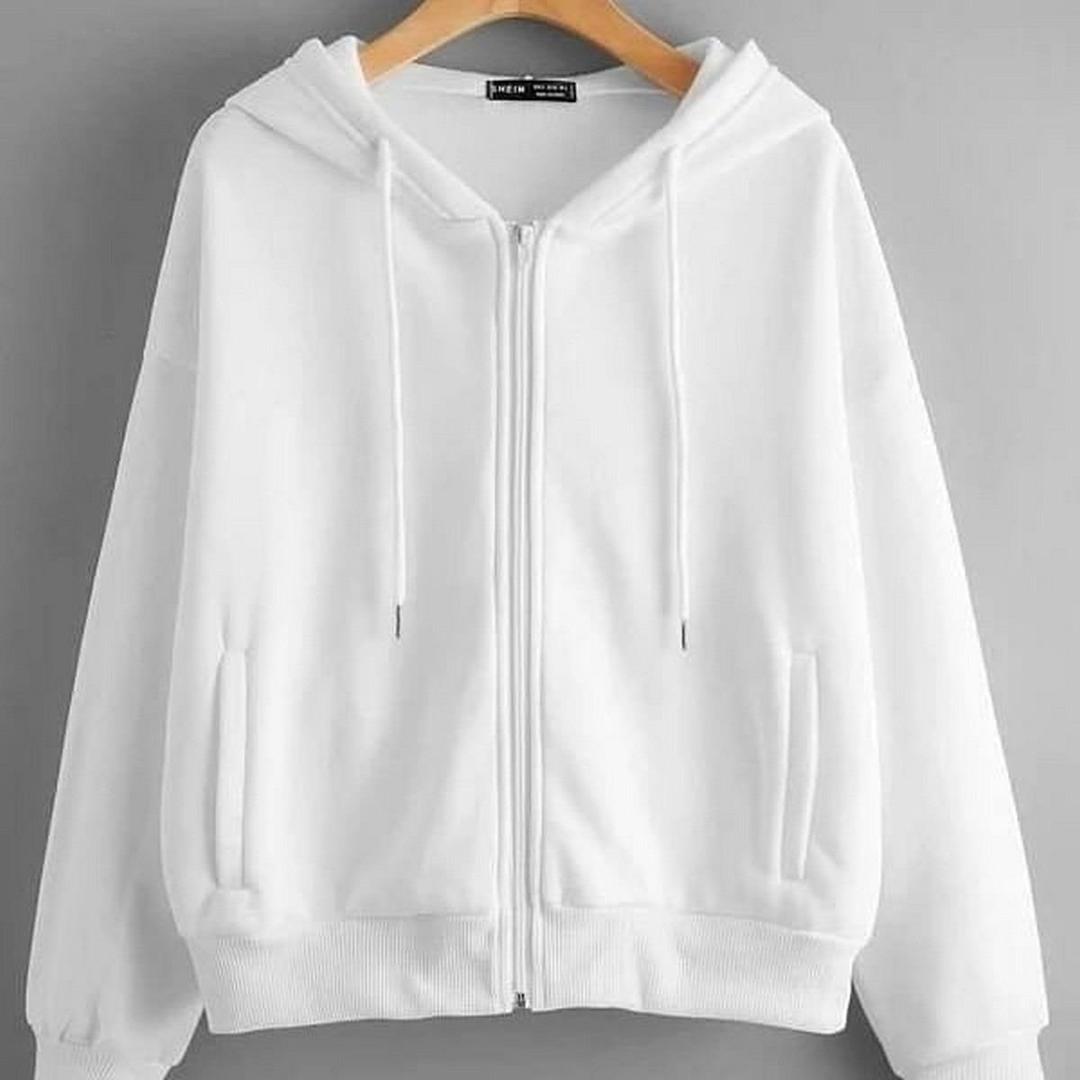 Stylish White Plain Fleece Zip-Up Hoodie for Women - Comfortable and Cozy