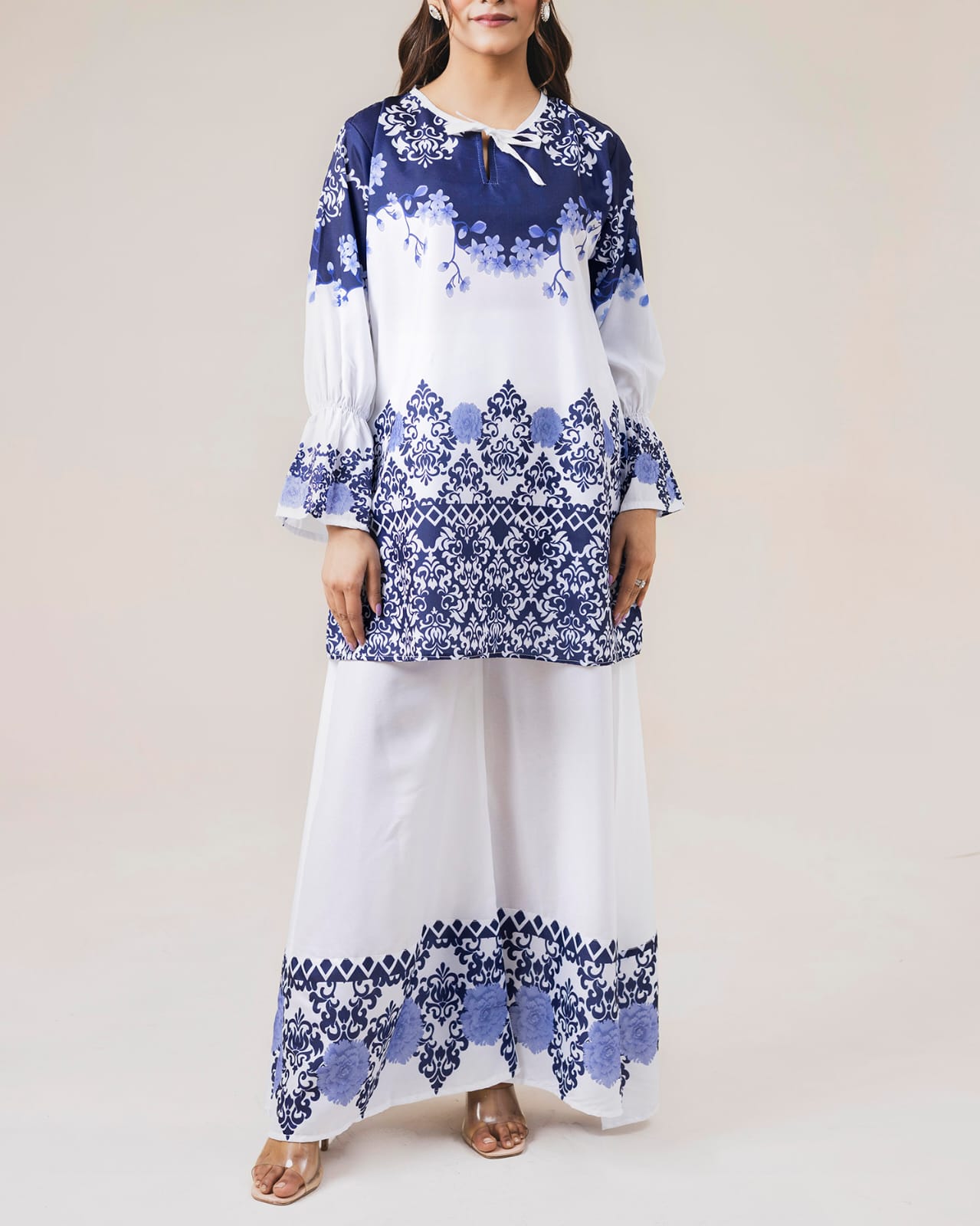 Stitched 2 piece printed shirt and printed palazzo